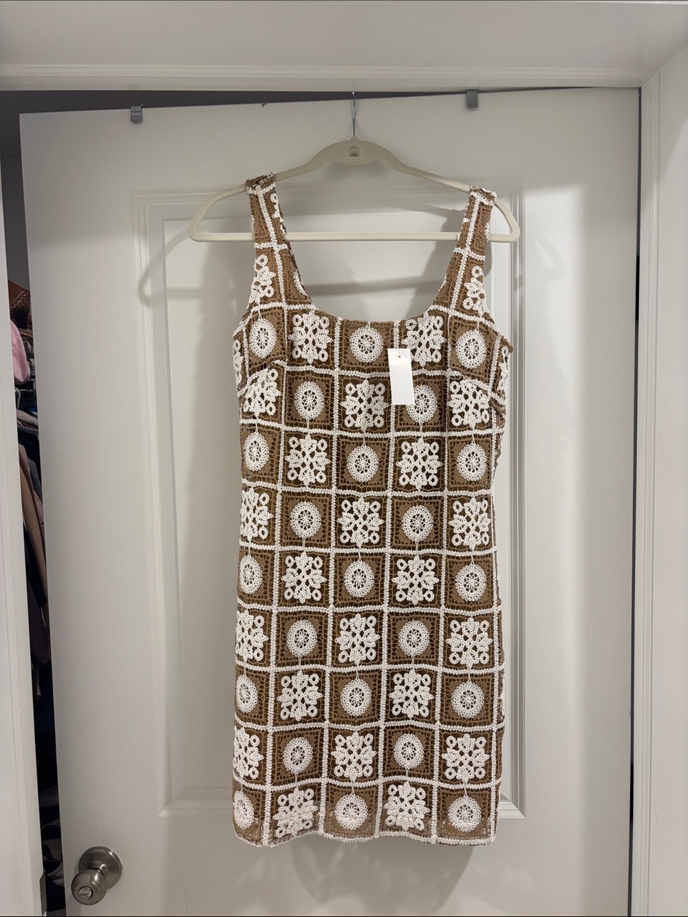 LOFT Brown and White Crochet Square Mini Dress